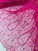 Hot Pink Fashion Design Beads and Sequins, Luxury Beaded Fabric Embroidered on a Mesh Lace,Wedding,Bridal,Dress Sold By The Yard