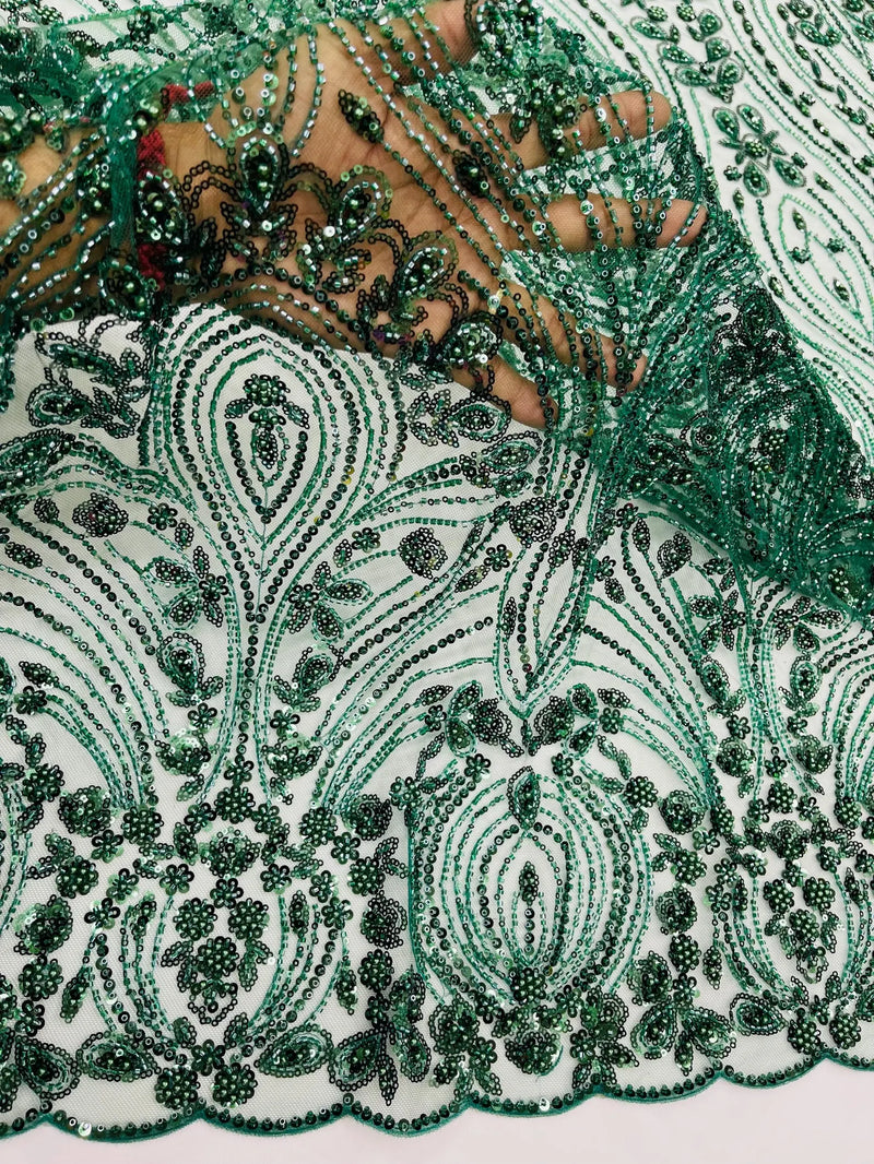 Hunter Green Fashion Design Beads and Sequins, Luxury Beaded Fabric Em Hunter Green Fashion Design Beads and Sequins, Luxury Beaded Fabric Em