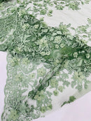 3D Floral Design - Sage Green - Flowers Embroidered and Beaded With Pearls On a Mesh Lace