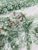 3D Floral Design - Sage Green - Flowers Embroidered and Beaded With Pearls On a Mesh Lace