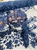 3D Floral Design - Navy Blue - Flowers Embroidered and Beaded With Pearls On a Mesh Lace