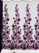 3D Floral Design - Plum - Flowers Embroidered and Beaded With Pearls On a Mesh Lace