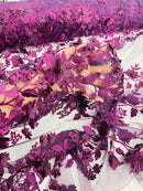 3D Floral Design - Plum - Flowers Embroidered and Beaded With Pearls On a Mesh Lace