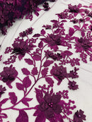 3D Floral Design - Plum - Flowers Embroidered and Beaded With Pearls On a Mesh Lace