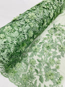 3D Floral Design - Sage Green - Flowers Embroidered and Beaded With Pearls On a Mesh Lace