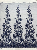 3D Floral Design - Navy Blue - Flowers Embroidered and Beaded With Pearls On a Mesh Lace