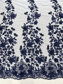 3D Floral Design - Navy Blue - Flowers Embroidered and Beaded With Pearls On a Mesh Lace