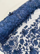 3D Floral Design - Navy Blue - Flowers Embroidered and Beaded With Pearls On a Mesh Lace