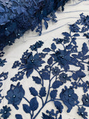 3D Floral Design - Navy Blue - Flowers Embroidered and Beaded With Pearls On a Mesh Lace