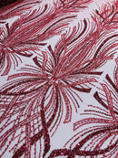 Burgundy Embroidery Beaded Fabric by Yard, Sequin on a Mesh with Floral Lace