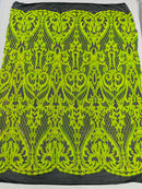 Heart Shape Sequins Fabric - Lime Green - Black 4 Way Stretch Sequins Damask Fabric By Yard
