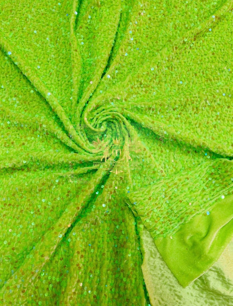 Neón Lime Green Sequins Fabric on Stretch Velvet - By The Yard - all Over 5mm Sequins 58”/60