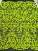Heart Shape Sequins Fabric - Lime Green - Black 4 Way Stretch Sequins Damask Fabric By Yard