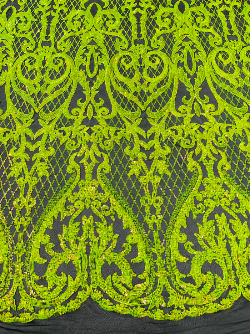 Heart Shape Sequins Fabric - Lime Green - Black 4 Way Stretch Sequins Damask Fabric By Yard