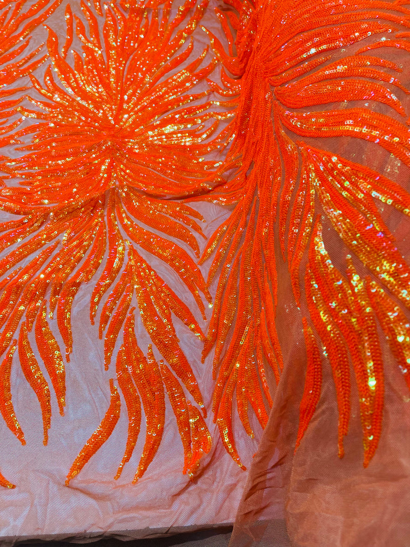 Feather Wings Sequins - Orange Iridescent - 4 Way Stretch Embroidered Wings Sequin By Yard