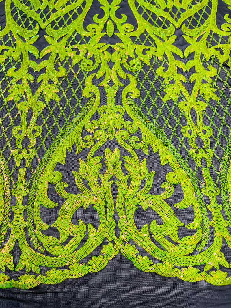 Heart Shape Sequins Fabric - Lime Green - Black 4 Way Stretch Sequins Damask Fabric By Yard