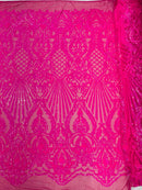 Damask Sequins Fabric - Hot Pink - 4 Way Stretch Sequins Damask Fabric By Yard