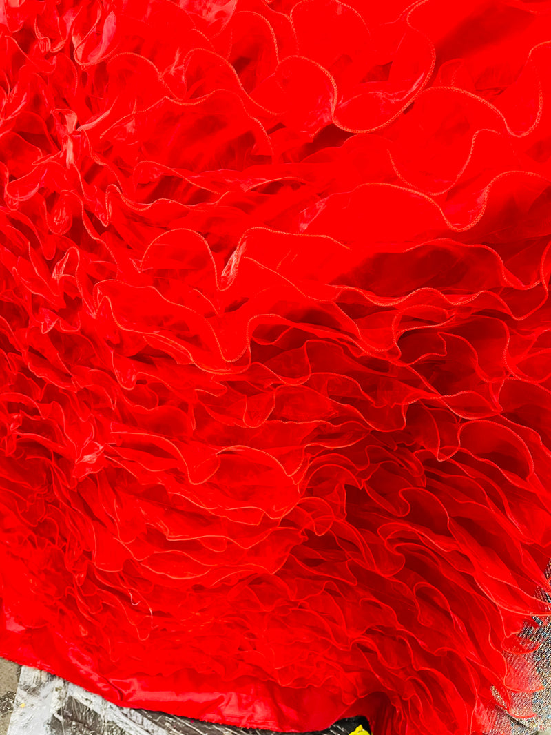 Ruffle Taffeta Fabric - Red - 3D Ruffles Taffeta Floral Fabric Sold By Yard