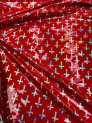 Cross Design Vinyl Fabric - Red - 4 Way Stretch Shiny Vinyl Fabric Sold by the Yard