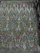 Damask Sequins - Multi Color - Damask Sequin Design on 4 Way Stretch Fabric By Yard