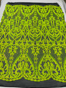 Heart Shape Sequins Fabric - Lime Green - Black 4 Way Stretch Sequins Damask Fabric By Yard