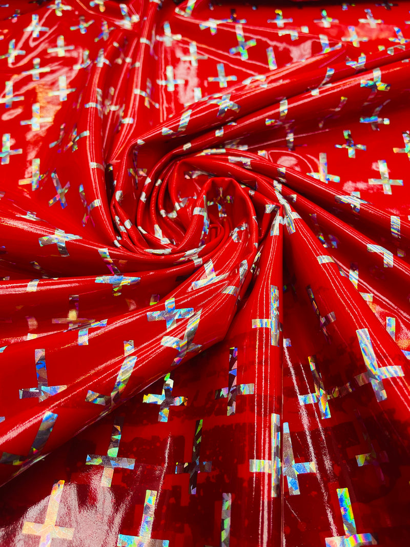 Cross Design Vinyl Fabric - Red - 4 Way Stretch Shiny Vinyl Fabric Sold by the Yard