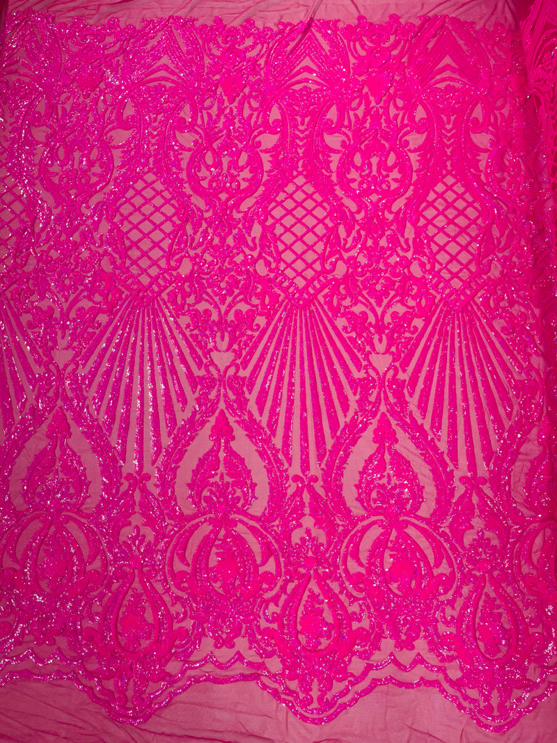 Damask Sequins Fabric - Hot Pink - 4 Way Stretch Sequins Damask Fabric By Yard