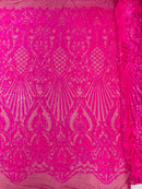Damask Sequins Fabric - Hot Pink - 4 Way Stretch Sequins Damask Fabric By Yard