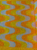 Wavy Line Design Velvet Sequins - Aqua/ Clear Iridescent Yellow/ Orange - Velvet Sequins Fabric 2 Way Stretch 58"- 60" By Yard