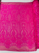 Damask Sequins Fabric - Hot Pink - 4 Way Stretch Sequins Damask Fabric By Yard