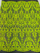 Heart Shape Sequins Fabric - Lime Green - Black 4 Way Stretch Sequins Damask Fabric By Yard