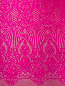 Damask Sequins Fabric - Hot Pink - 4 Way Stretch Sequins Damask Fabric By Yard