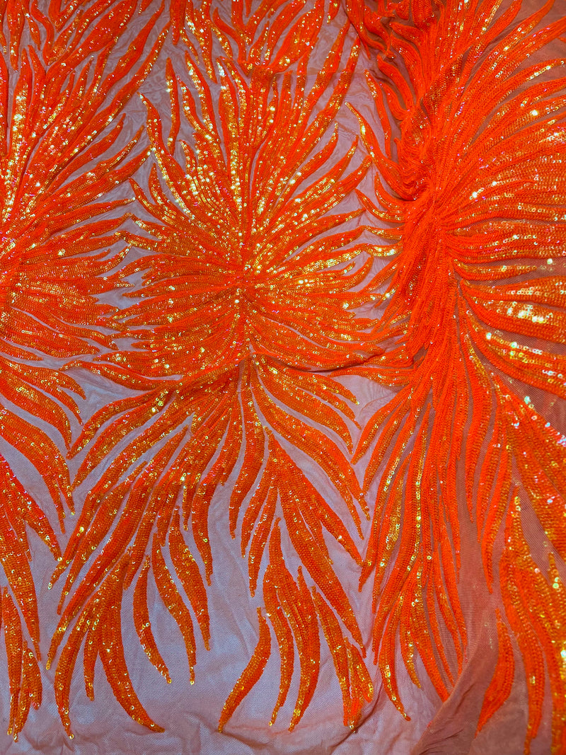 Feather Wings Sequins - Orange Iridescent - 4 Way Stretch Embroidered Wings Sequin By Yard