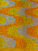 Wavy Line Design Velvet Sequins - Aqua/ Clear Iridescent Yellow/ Orange - Velvet Sequins Fabric 2 Way Stretch 58"- 60" By Yard