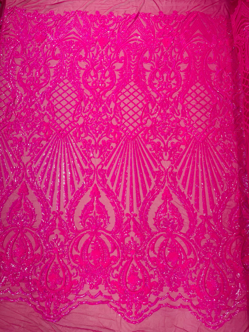 Damask Sequins Fabric - Hot Pink - 4 Way Stretch Sequins Damask Fabric By Yard