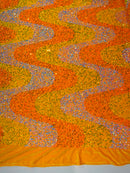 Wavy Line Design Velvet Sequins - Aqua/ Clear Iridescent Yellow/ Orange - Velvet Sequins Fabric 2 Way Stretch 58"- 60" By Yard