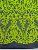 Heart Shape Sequins Fabric - Lime Green - Black 4 Way Stretch Sequins Damask Fabric By Yard