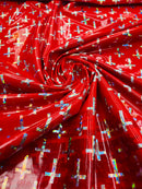 Cross Design Vinyl Fabric - Red - 4 Way Stretch Shiny Vinyl Fabric Sold by the Yard