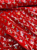 Cross Design Vinyl Fabric - Red - 4 Way Stretch Shiny Vinyl Fabric Sold by the Yard