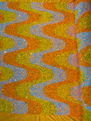 Wavy Line Design Velvet Sequins - Aqua/ Clear Iridescent Yellow/ Orange - Velvet Sequins Fabric 2 Way Stretch 58"- 60" By Yard