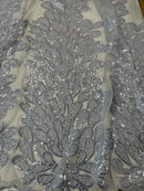 Silver Vegas Design Sequins Fabric - 4 Way Stretch Sequins Damask Fabric By Yard