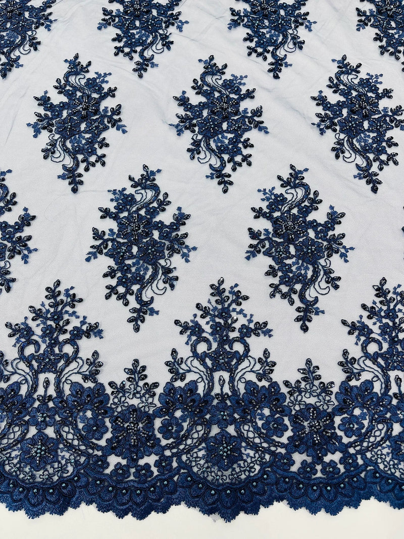 Isabela Design - Navy Blue - Embroidery Beaded Fabric With Sequin on a Mesh Fabric by the yard