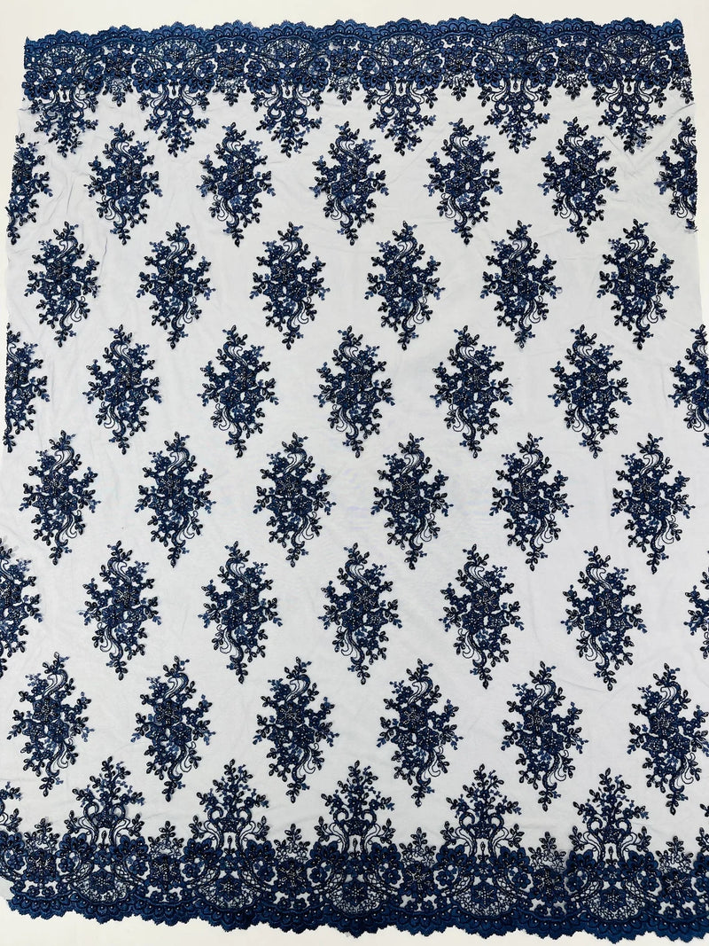 Isabela Design - Navy Blue - Embroidery Beaded Fabric With Sequin on a Mesh Fabric by the yard