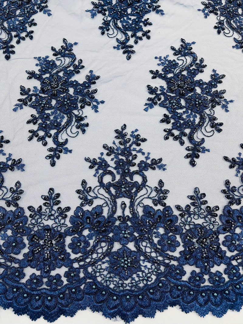 Isabela Design - Navy Blue - Embroidery Beaded Fabric With Sequin on a Mesh Fabric by the yard