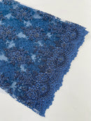 Isabela Design - Navy Blue - Embroidery Beaded Fabric With Sequin on a Mesh Fabric by the yard