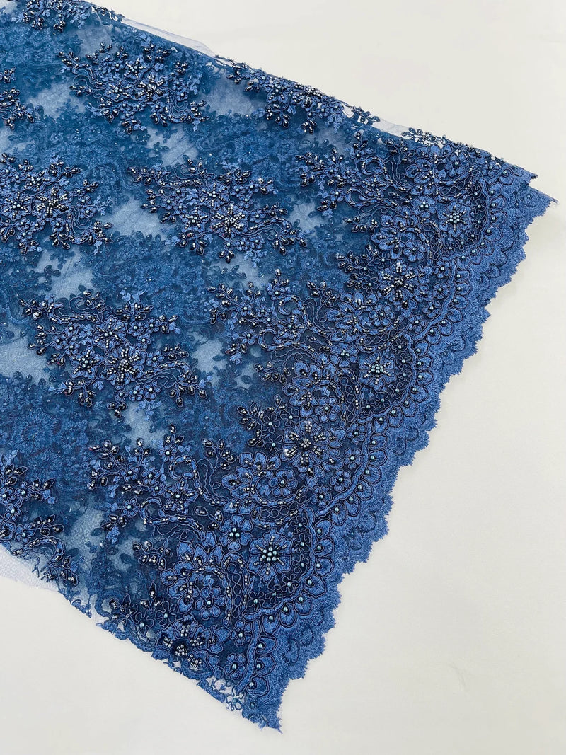 Isabela Design - Navy Blue - Embroidery Beaded Fabric With Sequin on a Mesh Fabric by the yard