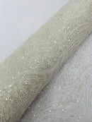 Ivory Fashion Design Beads and Sequins, Luxury Beaded Fabric Embroidered on a Mesh Lace,Wedding,Bridal,Dress Sold By The Yard