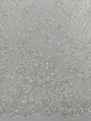 Ivory Fashion Design Beads and Sequins, Luxury Beaded Fabric Embroidered on a Mesh Lace,Wedding,Bridal,Dress Sold By The Yard