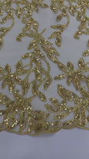 Gold Metallic Thread Leaf Design Embroidered With Sequins on a Mesh Lace Fabric by the Yard