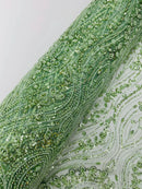 Sage Green Fashion Design Beads and Sequins, Luxury Beaded Fabric Embroidered on a Mesh Lace,Wedding,Bridal,Dress Sold By The Yard